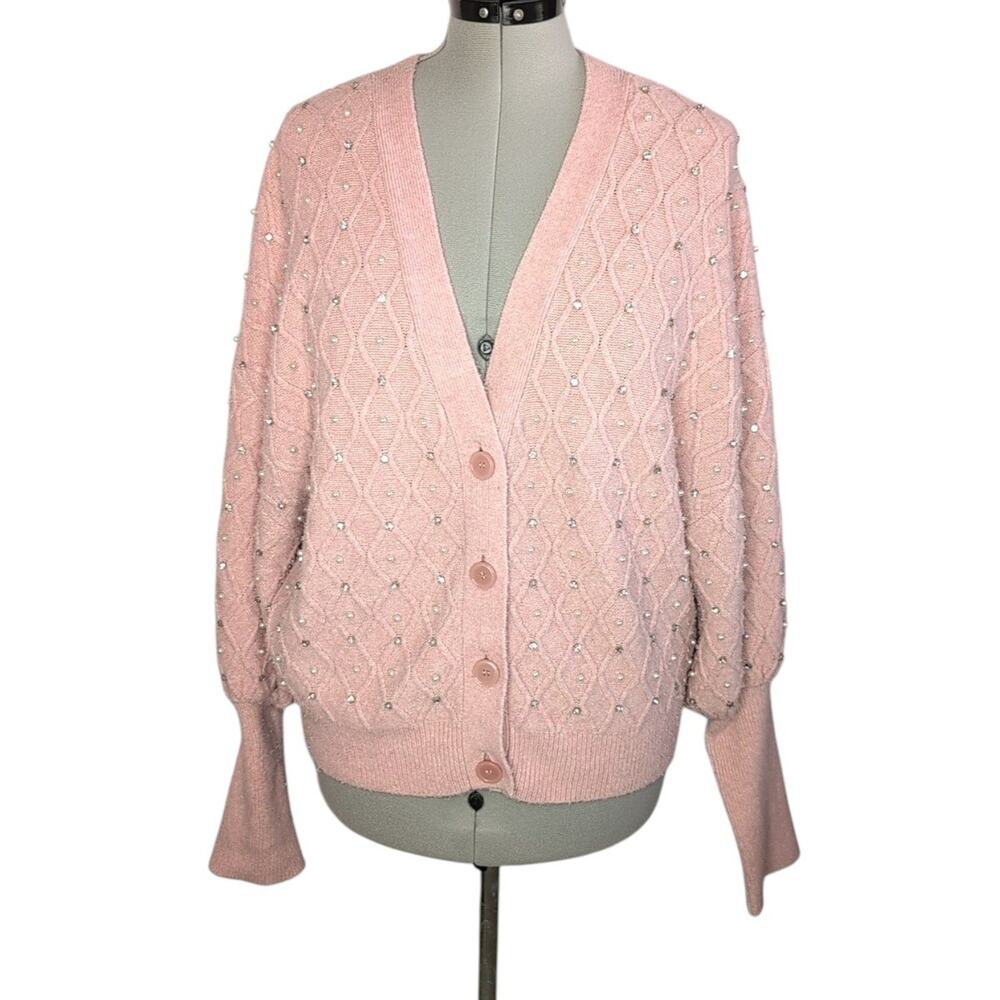 Express Pink Pearl & Crystal Cardigan Sweater with Diamond Knit Pattern, size XL